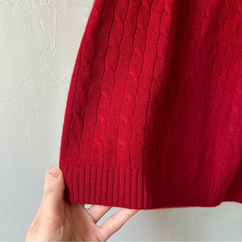 J. Crew Cashmere Cable Knit Sweater Shell Contrast Trim Red Preppy Fisherman